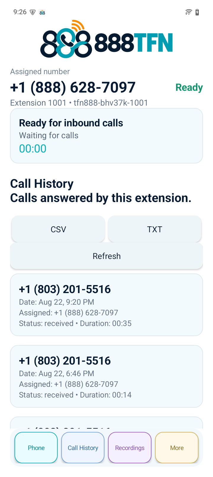 888TFN Android call history screen