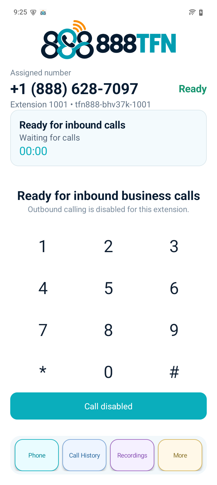 888TFN Android app showing assigned number and ready status