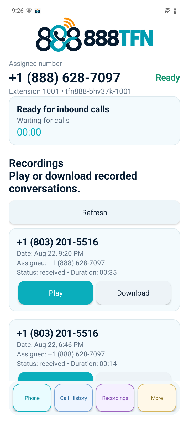 888TFN Android recordings screen